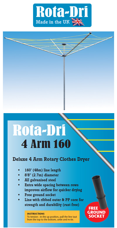 Rota-Dri 4 Arm 48mtr Rotary Washing Line - WITH FREE GROUND POST